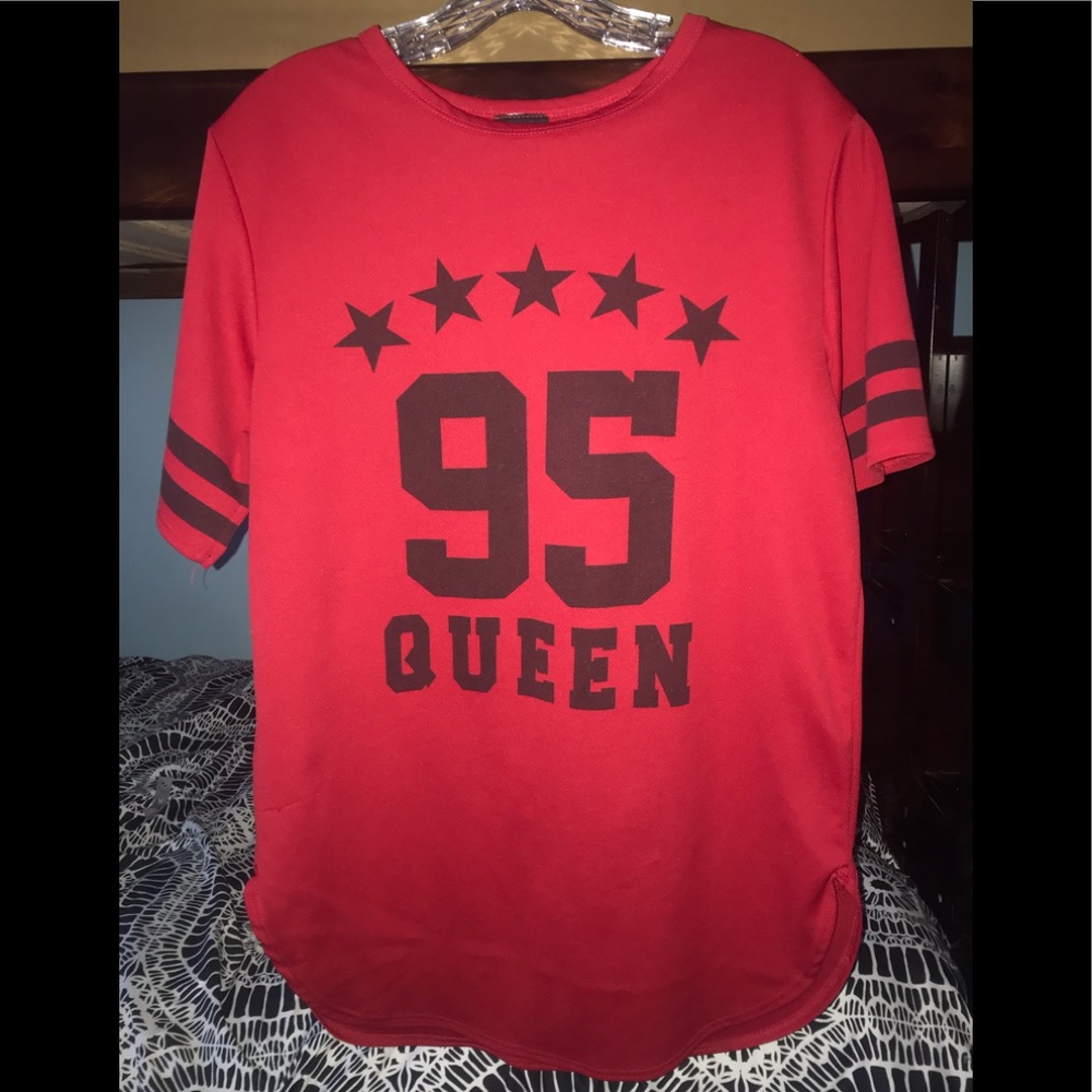 A red graphic T-shirt